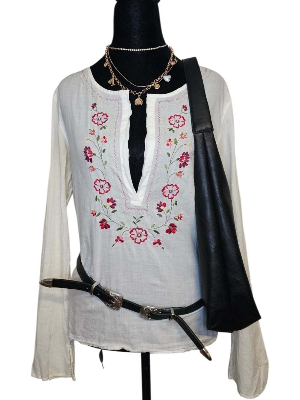 Abercrombie & Fitch White Tunic with Pink & Red Floral Embroidery vintage Y2K